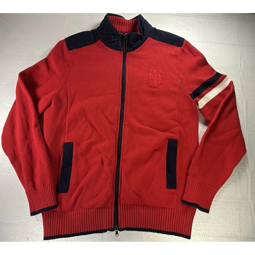 VTG Tommy Hilfiger 1/4 Zip Mens Largeee Sweater Pullover Red Embroidered Fleece